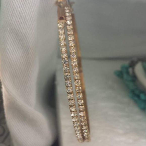 Large Hoop Earrings Rhinestone Gold Statement - Picture 1 of 10